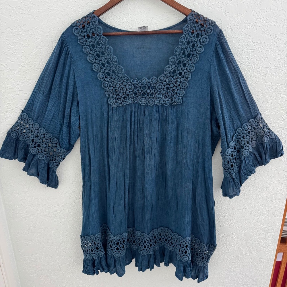 Vintage Peasant Blouse Crochet Trim 3/4 Sleeve Women's Size 3XL Ren Faire Boho